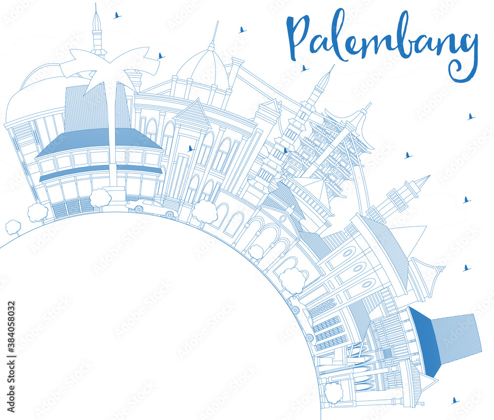 Outline Palembang Indonesia City Skyline with Blue Buildings and Copy Space.