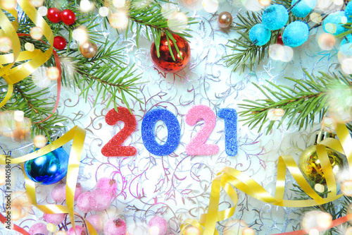  Christmas decorations, fir, 2021 new year numbers and festive bokeh lights 