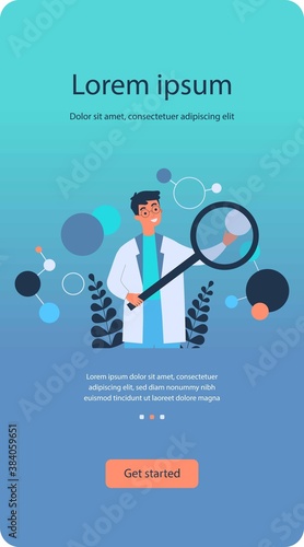 Scientist in lab coat checking algorithm flat vector illustration. Cartoon character with magnifier researching artificial neurons. Science, technology and neuroscience concept