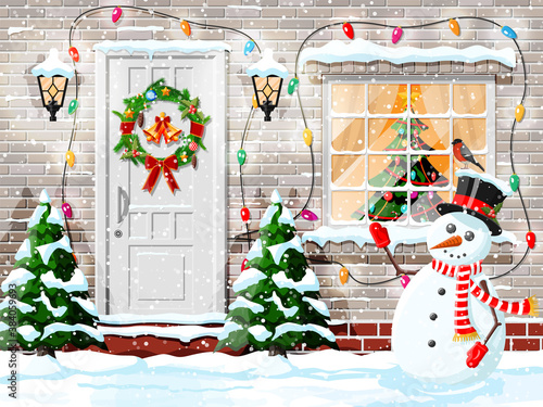 Christmas facade decoration. Entrance to suburban house decorated with wreath, bells, garland lights. Holiday greetings. Snowflakes, snowman. New year and xmas celebration. Flat vector illustration