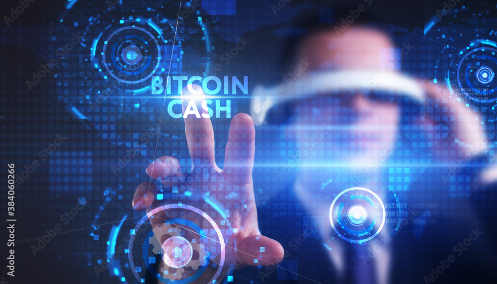 Business, technology, internet and network concept. Young businessman thinks over the steps for successful growth: Bitcoin cash Business, technology, internet and network concept. Young businessman thinks over the steps for successful growth: Bitcoin cash