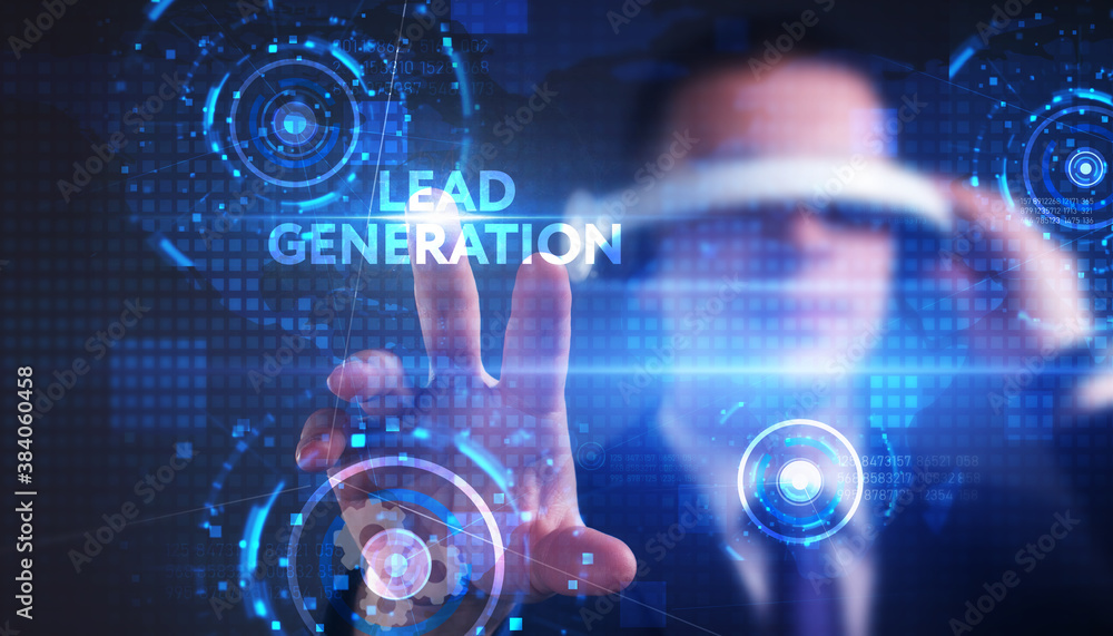 Business, technology, internet and network concept. Young businessman thinks over the steps for successful growth: Lead generation Business, technology, internet and network concept. Young businessman thinks over the steps for successful growth: Lead generation