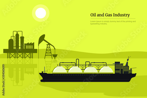 Oil and gas industry business Extraction, transportation of petroleum gasoline diesel, distribution and transportation. vector illustration derrick pump rig, fuel tanks in ocean.
