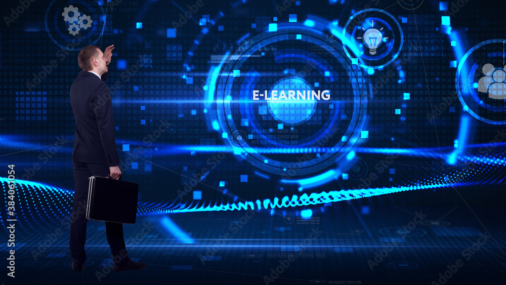 Business, technology, internet and network concept. Young businessman thinks over the steps for successful growth: E-learning Business, technology, internet and network concept. Young businessman thinks over the steps for successful growth: E-learning