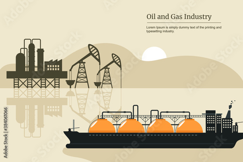 Oil and gas industry business Extraction, transportation of petroleum gasoline diesel, distribution and transportation. vector illustration derrick pump rig, fuel tanks in ocean.