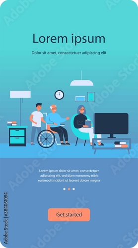 Cheerful diverse people watching TV. Senior couple, assistant, disabled man in wheelchair flat vector illustration. Leisure time, movie, show concept for banner, website design or landing web page