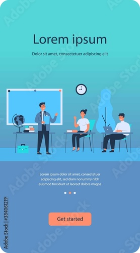 Happy school students sitting at desk in classroom. Girls and guys listening to lecture at college class. Vector illustration for audience, lesson, education, teacher job concept