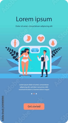 Doctor consulting overweight girl flat vector illustration. Cartoon tiny woman with diabetes standing on scales. Fat problem, health and obesity concept