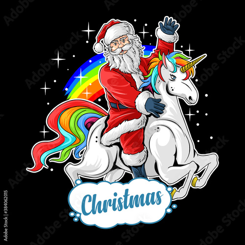cute santa claus rides cute unicorn between rainbow and star