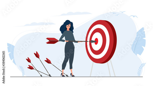 The girl is holding an arrow. The arrow hits the target. The concept of successful business, teamwork and achieving goals. Vector.