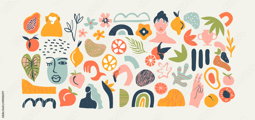 Set of trendy doodle and abstract nature icons on isolated white background. Big summer collection, random organic shapes in freehand matisse art style. Includes people, floral art, animal bundle.