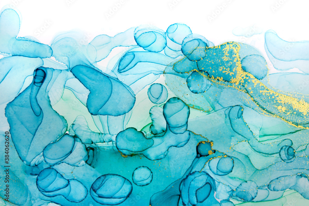 Transparent blue and gold watercolor drops on white background. Bubbles imitation.
