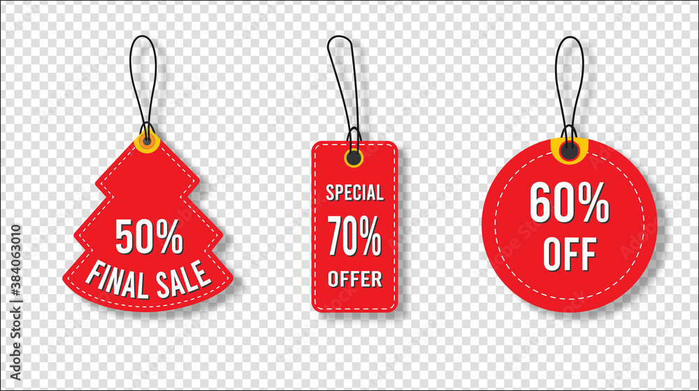 Red Christmas Sale Tags Set with different shapes for christmas holiday shopping promotion hanging with black Colors. Vector Illustration EPS 10