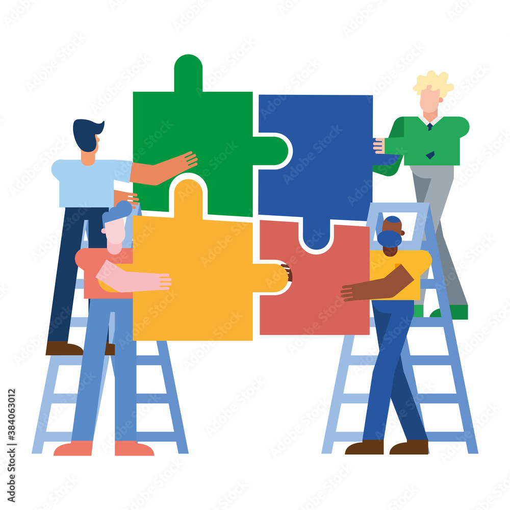 men with puzzles on ladders vector design men with puzzles on ladders vector design
