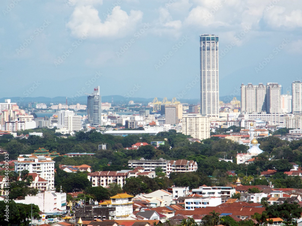 Penang, Malaysia, November 20, 2017: Views of the Kontar Tower in Georgetown from the Rama VI Pagoda (