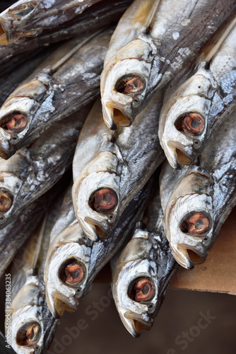 delicious dried fish is sold at the city market