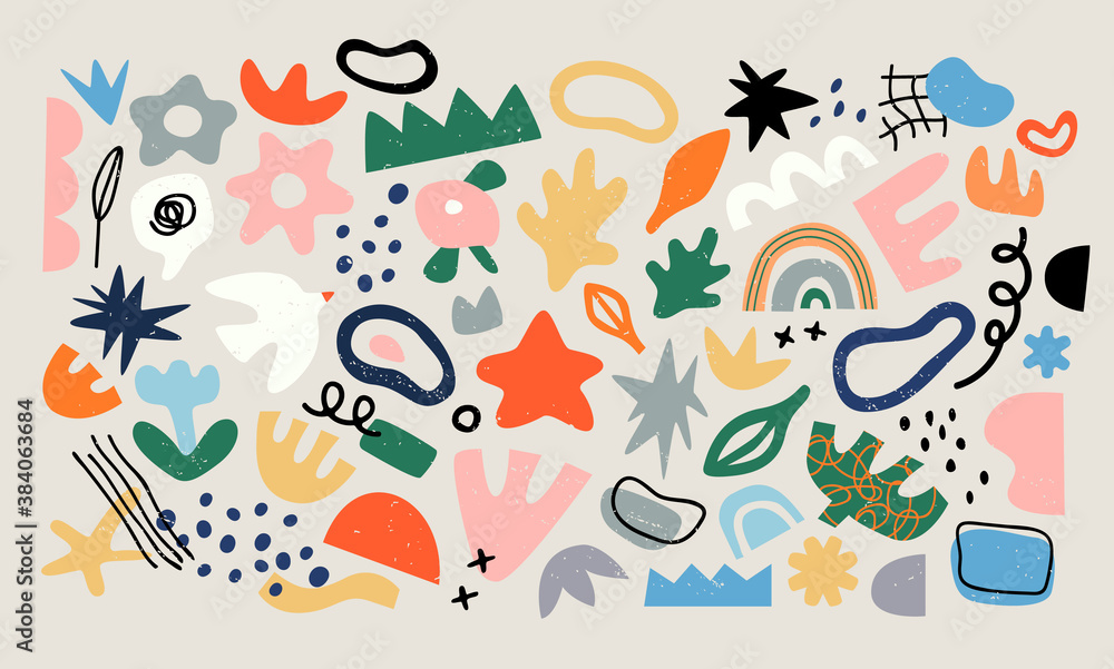 Set of trendy doodle and abstract random icons on isolated background. Big element collection, unusual organic shapes in freehand matisse art style. Includes bird, leaf, flower and texture bundle.