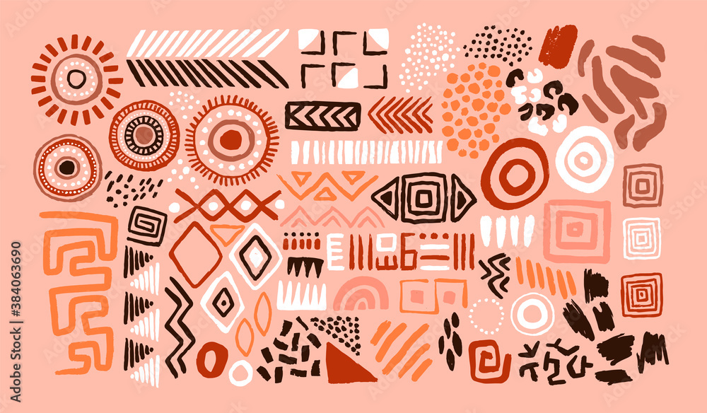 Abstract african art shapes collection, tribal doodle decoration set. Random ethnic shapes, animal print texture and traditional hand drawn icons. - obrazy, fototapety, plakaty 