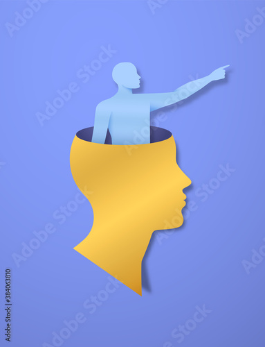 Realistic paper cut human head with man pointing at distance inside. 3D Papercut silhouette on isolated background for personality or psychology concept. Introspection, mental health solution.