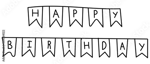 congratulatory garland of flags for birthday, coloring book, doodle style vector element, cute drawing for kids