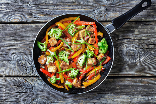 spicy kung pao tofu in a skillet