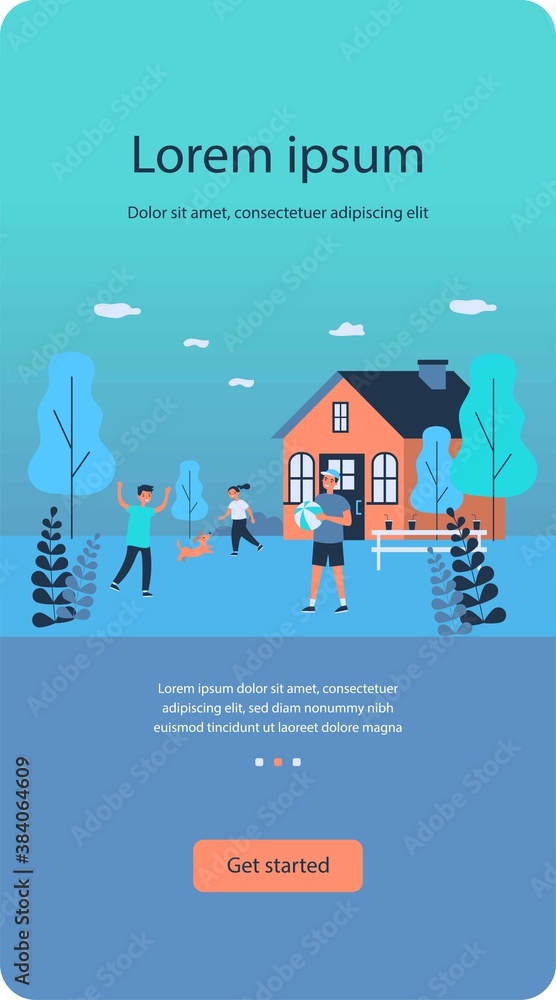 Dad spending leisure time with children. Kids, playing ball, dog, garden flat vector illustration. Home, outdoor activities, family concept for banner, website design or landing web page