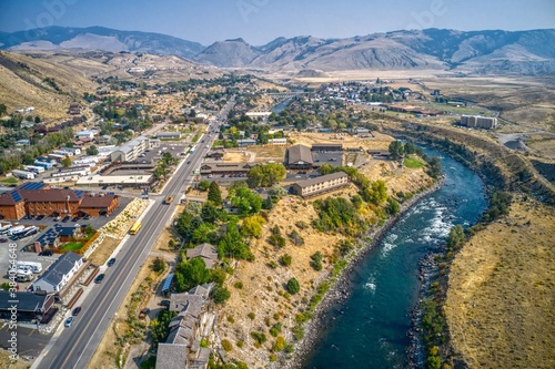 Aerial View of the Town of Gardiner, Montana which borders Yellowstone National Park photo