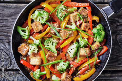 spicy kung pao tofu in a skillet