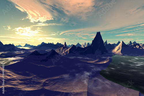 Alien Planet. Mountain and lake. 3D rendering