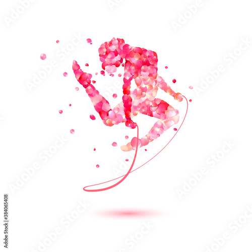 Rhythmic gymnastics girl with skipping rope. Vector silhouette of pink rose petals