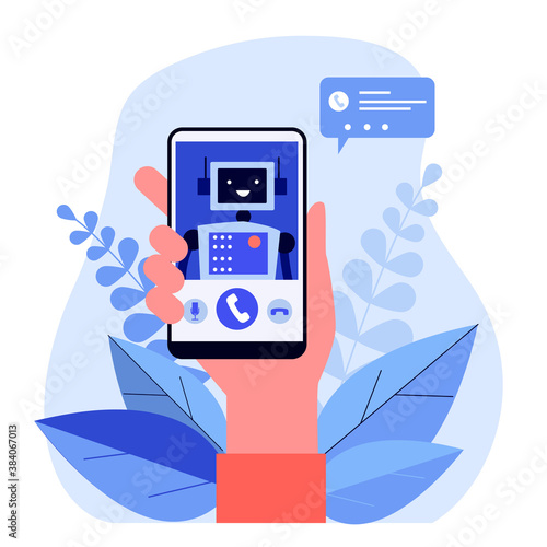 Cartoon hand holding smartphone with robot. Call, contact, phone flat vector illustration. Communication and digital technology concept for banner, website design or landing web page
