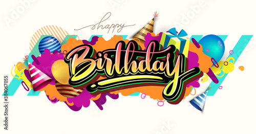 Happy Birthday celebration typography design for greeting card for greeting cards and poster with balloon, confetti and gift box, with geometric background, design template for birthday celebration.