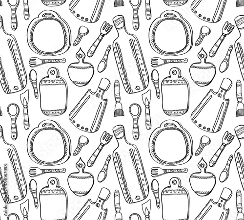 Seamless pattern with cute hand drawn kitchen utensils. Cutting boards, ladles, spoons, spatula. Hand drawn vector background.