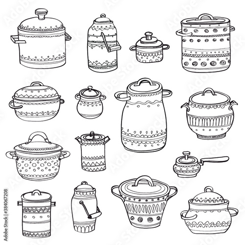 Set of cute hand drawn ornate kitchen pans . Doodles outline collection. Vector
