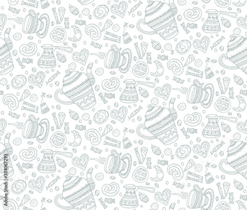 Seamless pattern with cute hand drawn tea/coffee collection. Ornamental teapot, cup and different sweets and buns. Doodle tea/coffee time collection. Vector