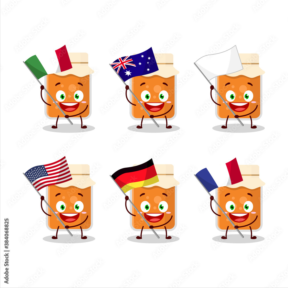 Apricot jam cartoon character bring the flags of various countries Apricot jam cartoon character bring the flags of various countries