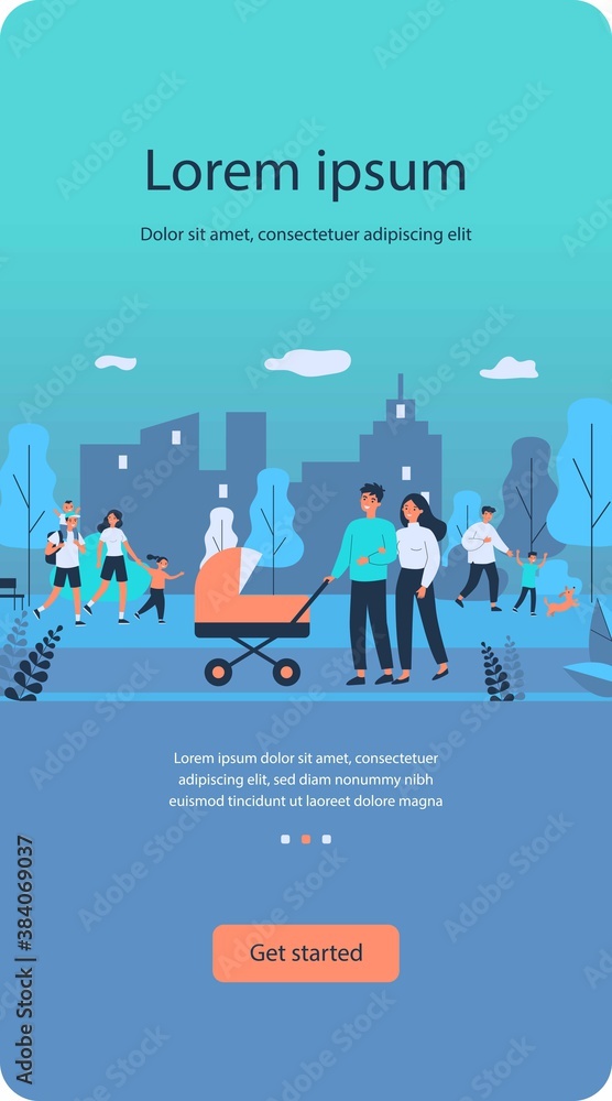 Happy family walking in park flat vector illustration. Cartoon young mothers and fathers with kids outdoors. Weekend, cityscape and lifestyle concept Happy family walking in park flat vector illustration. Cartoon young mothers and fathers with kids outdoors. Weekend, cityscape and lifestyle concept