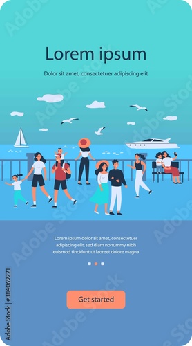 Happy people walking along sea on quay isolated flat vector illustration. Cartoon characters relaxing at seaside and watching boats. Summer activity and vacation concept