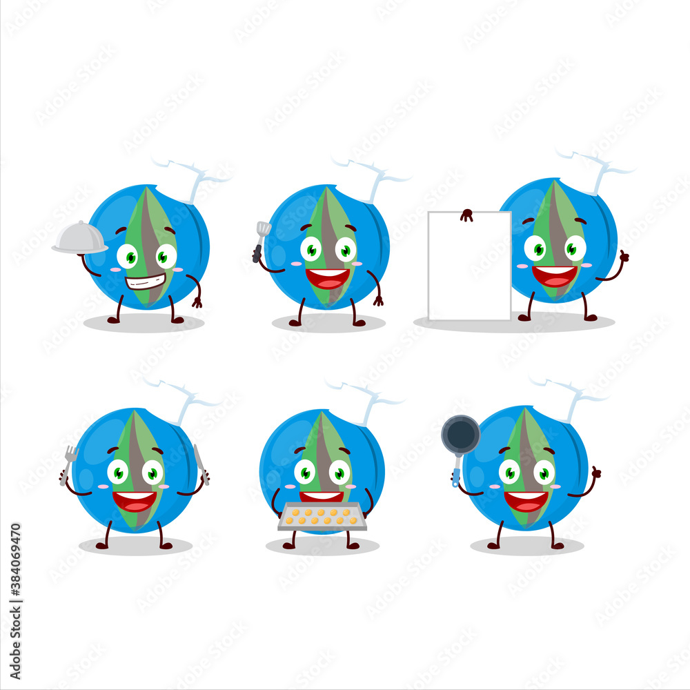 Cartoon character of blue marbles with various chef emoticons Cartoon character of blue marbles with various chef emoticons