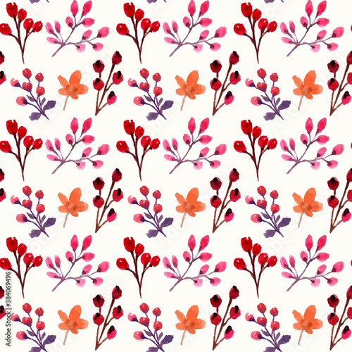 Watercolor autumn leaves and berries seamless pattern