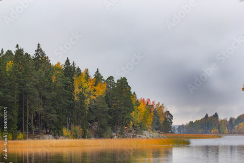 Autumn landscape with yellowed trees reflected in the water of the lake