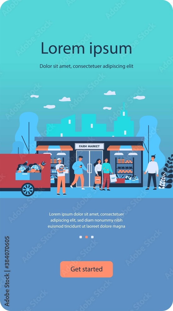 Obraz premium Smiling people buying organic food at farm market. Meal, fruit, vegetable flat vector illustration. Delivery, health and nutrition concept for banner, website design or landing web page
