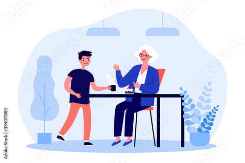 Senior woman sitting at table and grandson giving her tea. Grandmother, cake, home flat vector illustration. Family and relationship concept for banner, website design or landing web page