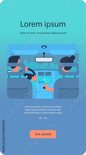 People listening to music while travelling by car. View from backseat of couple on passenger and driver seats inside car interior. Vector illustration for transportation, vehicle, trip concept