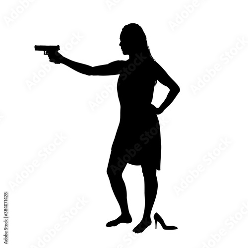 Girl shooting, female isolated silhouette. Beautiful woman spy in shootout. Heroine stands and aims, film action style. Vector illustration