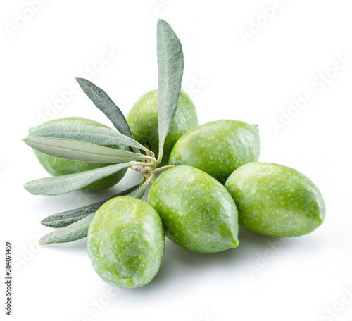 Wallpaper Mural Green natural olives with leaves isolated on a white background. Torontodigital.ca