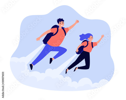 Happy man and woman flying with jet pack. Metaphor of people using boosters for fast growth. Vector illustration for rocket pack  business  startup topics