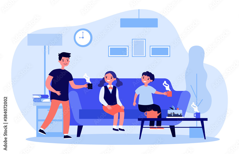 Happy children drinking tea with cake at home. Sofa, living room, friend flat vector illustration. Friendship and celebration concept for banner, website design or landing web page Happy children drinking tea with cake at home. Sofa, living room, friend flat vector illustration. Friendship and celebration concept for banner, website design or landing web page