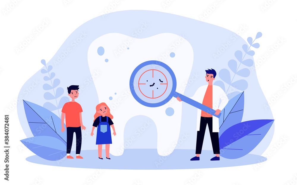 Dentist showing caries on tooth to children. Magnifier, diagnostics, doctor flat vector illustration. Stomatology and health concept for banner, website design or landing web page