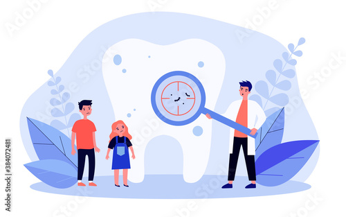 Dentist showing caries on tooth to children. Magnifier, diagnostics, doctor flat vector illustration. Stomatology and health concept for banner, website design or landing web page